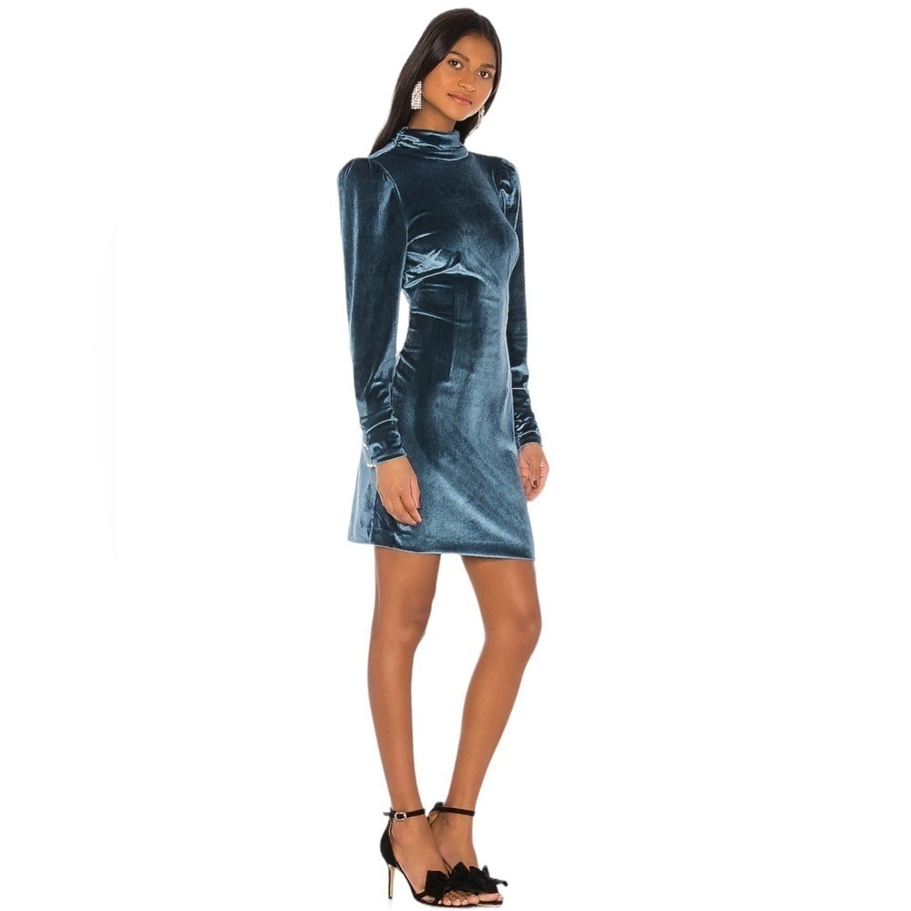 Revolve LPA Dress Mini Cocktail Blue Size XL Velvet Backless Puff Sleeve